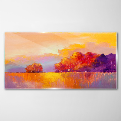 Colorful sunset over the meadow Glass Print