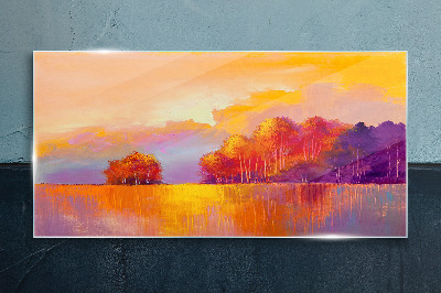 Colorful sunset over the meadow Glass Print