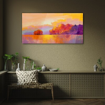 Colorful sunset over the meadow Glass Print