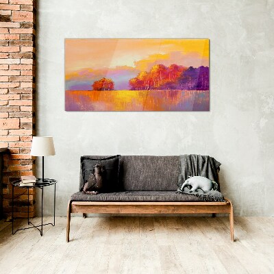 Colorful sunset over the meadow Glass Print