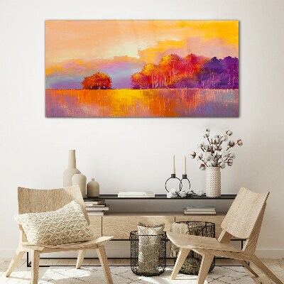 Colorful sunset over the meadow Glass Print