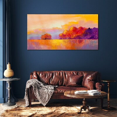 Colorful sunset over the meadow Glass Print