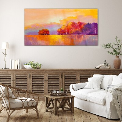 Colorful sunset over the meadow Glass Print