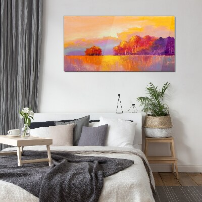 Colorful sunset over the meadow Glass Print