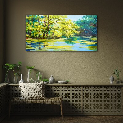 Summer scenery by the lake Glass Wall Art