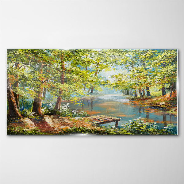 A peaceful forest landscape by the lake Glass Print