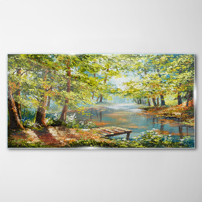 A peaceful forest landscape by the lake Glass Print