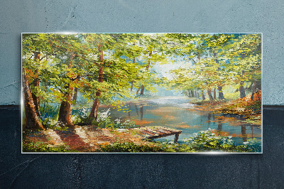 A peaceful forest landscape by the lake Glass Print