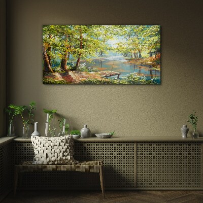 A peaceful forest landscape by the lake Glass Print