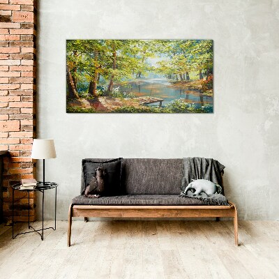A peaceful forest landscape by the lake Glass Print