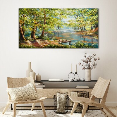 A peaceful forest landscape by the lake Glass Print