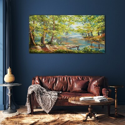 A peaceful forest landscape by the lake Glass Print