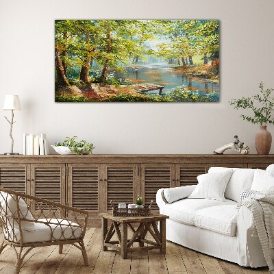 A peaceful forest landscape by the lake Glass Print