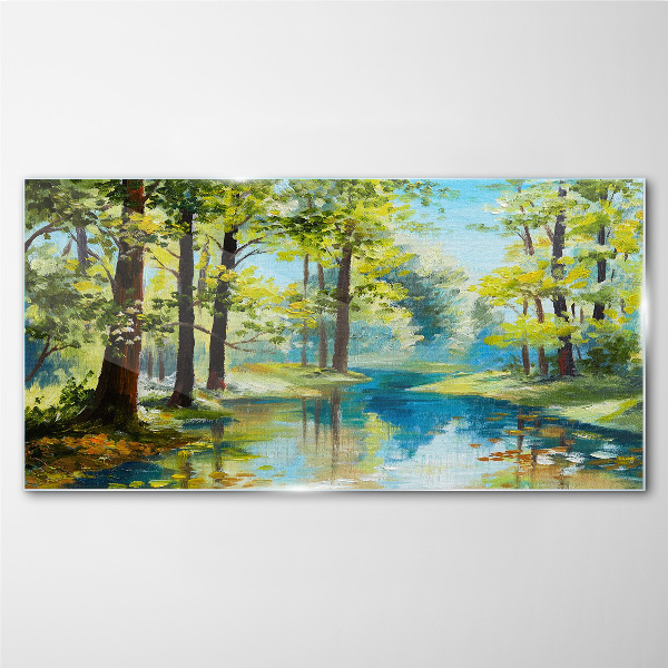 A peaceful forest landscape by the water Glass Print