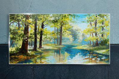 A peaceful forest landscape by the water Glass Print