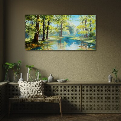 A peaceful forest landscape by the water Glass Print