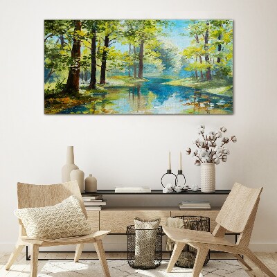 A peaceful forest landscape by the water Glass Print