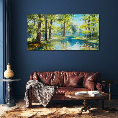 A peaceful forest landscape by the water Glass Print