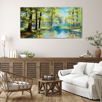 A peaceful forest landscape by the water Glass Print