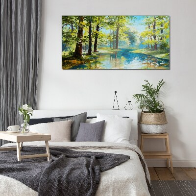 A peaceful forest landscape by the water Glass Print