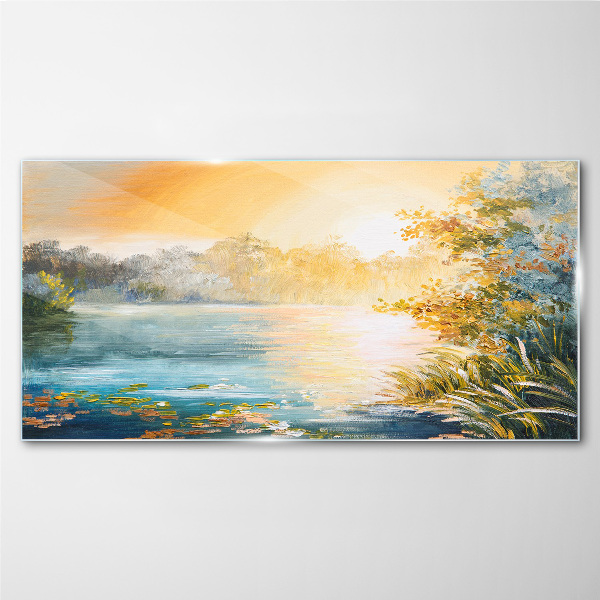 Morning calm by the river Glass Wall Art