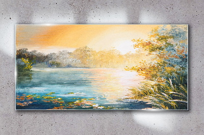 Morning calm by the river Glass Wall Art