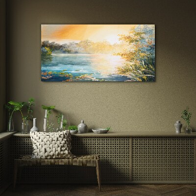 Morning calm by the river Glass Wall Art