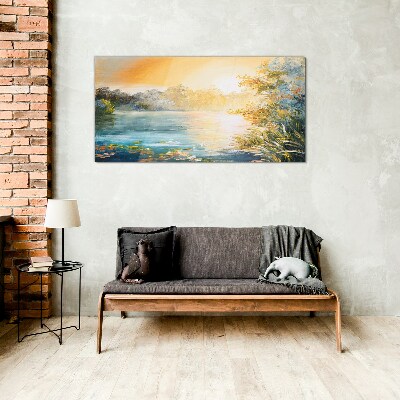 Morning calm by the river Glass Wall Art