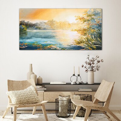 Morning calm by the river Glass Wall Art