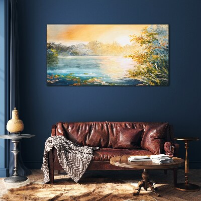 Morning calm by the river Glass Wall Art