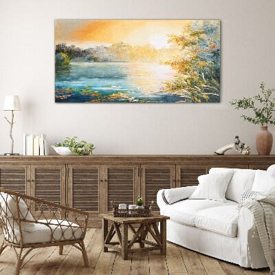 Morning calm by the river Glass Wall Art