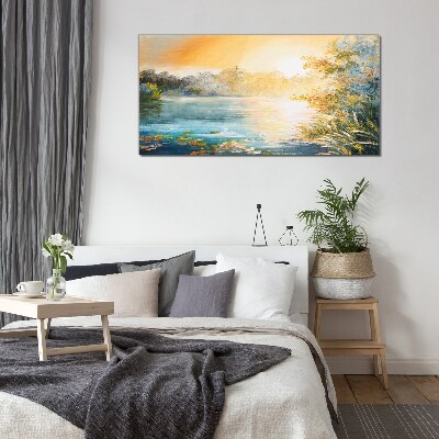 Morning calm by the river Glass Wall Art