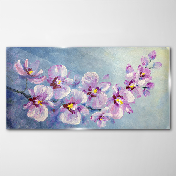 Floral orchids on blue background Glass Print