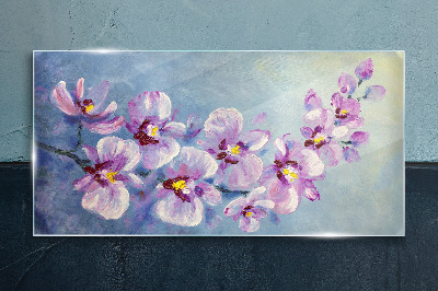 Floral orchids on blue background Glass Print