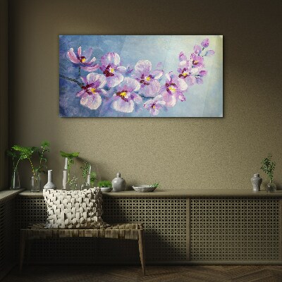 Floral orchids on blue background Glass Print
