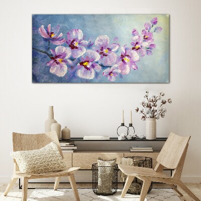 Floral orchids on blue background Glass Print