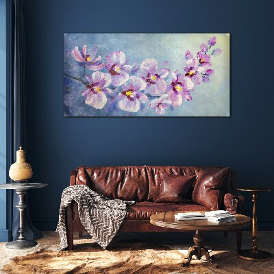 Floral orchids on blue background Glass Print