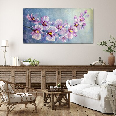 Floral orchids on blue background Glass Print