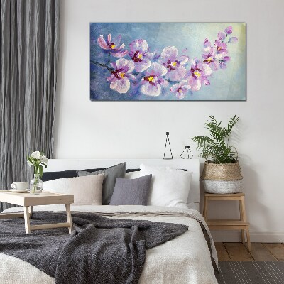 Floral orchids on blue background Glass Print