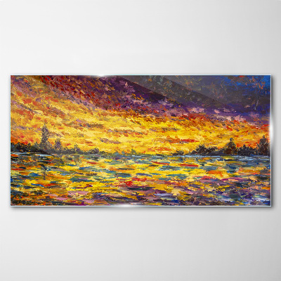 Golden hour at the lake Glass Print