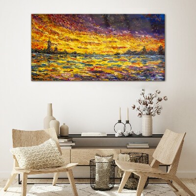 Golden hour at the lake Glass Print