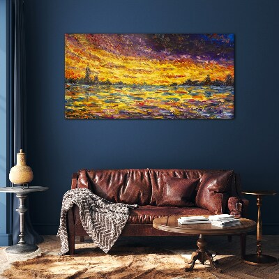 Golden hour at the lake Glass Print