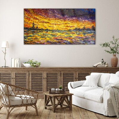 Golden hour at the lake Glass Print
