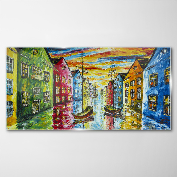 Colorful townhouses by the river Glass Print