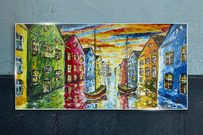 Colorful townhouses by the river Glass Print