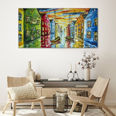 Colorful townhouses by the river Glass Print