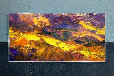 An expressive landscape in intense colors. Glass Print