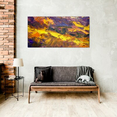 An expressive landscape in intense colors. Glass Print