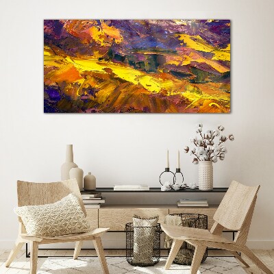 An expressive landscape in intense colors. Glass Print