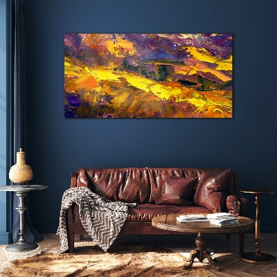 An expressive landscape in intense colors. Glass Print